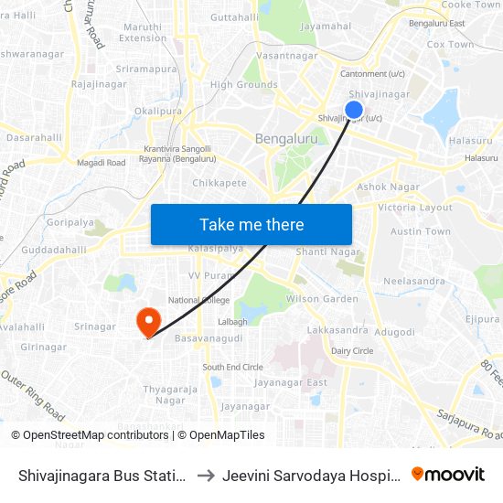 Shivajinagara Bus Station to Jeevini Sarvodaya Hospital map