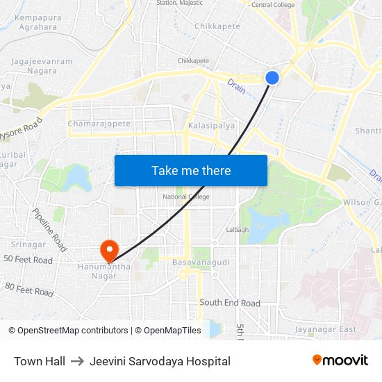 Town Hall to Jeevini Sarvodaya Hospital map