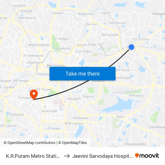 K.R.Puram Metro Station to Jeevini Sarvodaya Hospital map