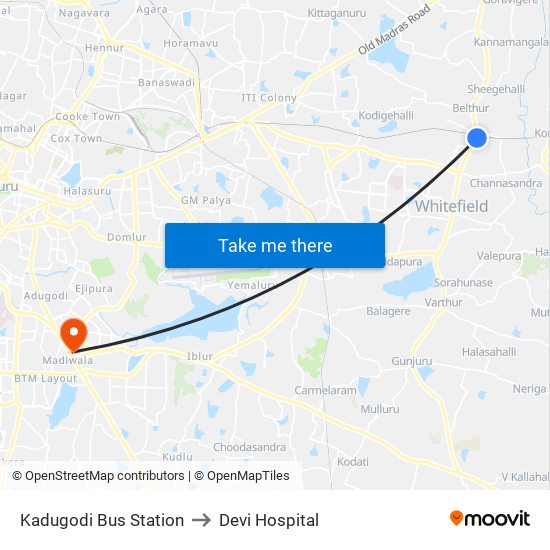 Kadugodi Bus Station to Devi Hospital map