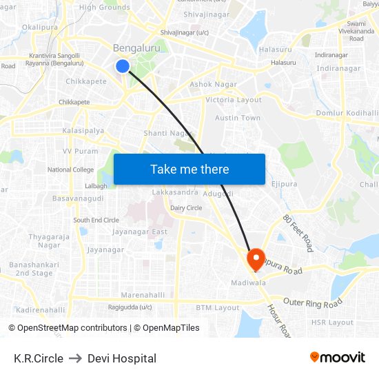 K.R.Circle to Devi Hospital map