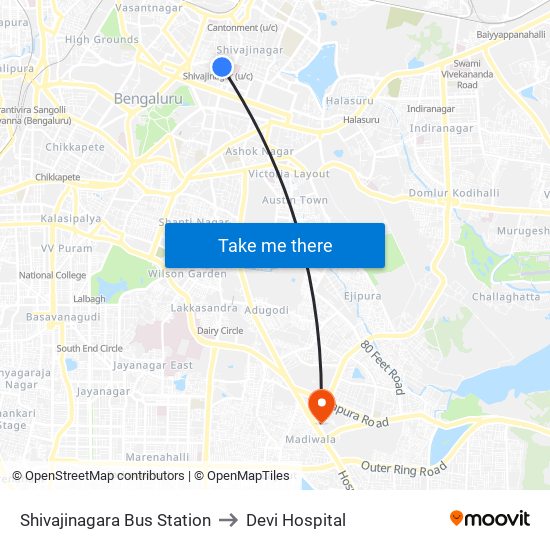 Shivajinagara Bus Station to Devi Hospital map