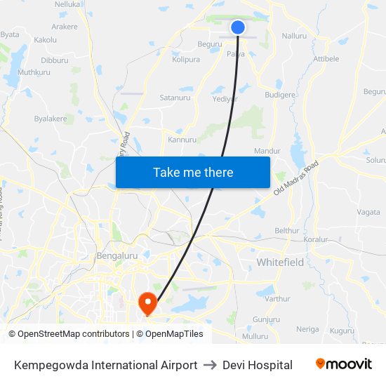 Kempegowda International Airport to Devi Hospital map