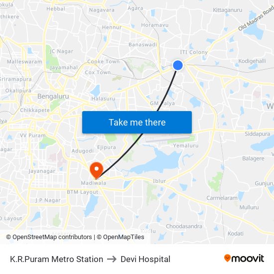 K.R.Puram Metro Station to Devi Hospital map