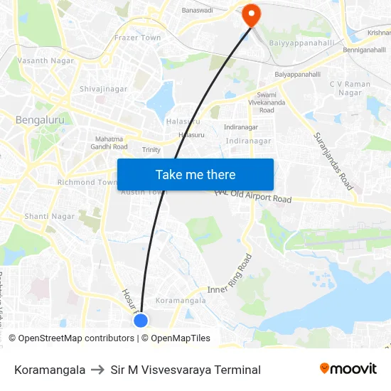 Koramangala to Sir M Visvesvaraya Terminal map