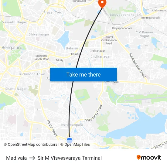 Madivala to Sir M Visvesvaraya Terminal map