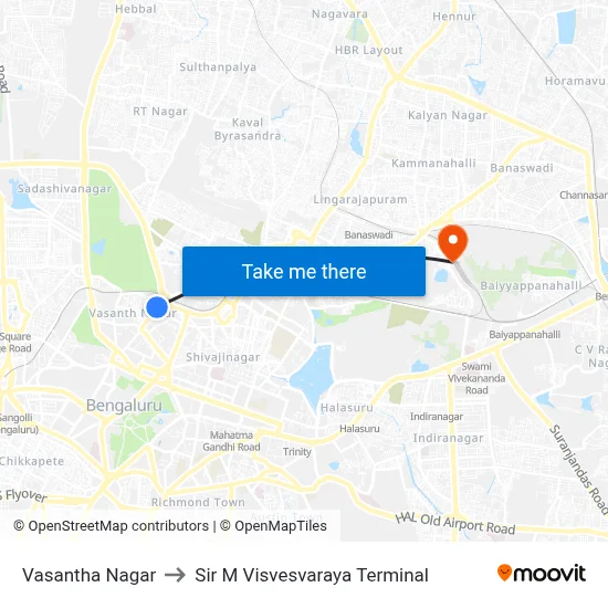 Vasantha Nagar to Sir M Visvesvaraya Terminal map