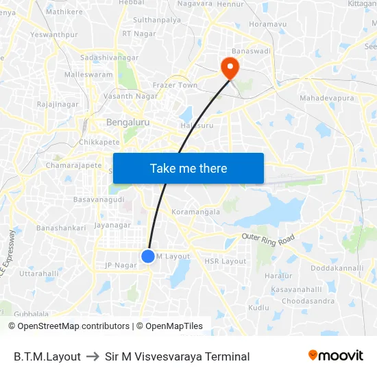 B.T.M.Layout to Sir M Visvesvaraya Terminal map