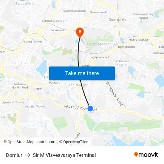 Domlur to Sir M Visvesvaraya Terminal map
