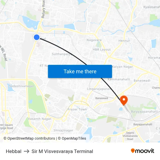 Hebbal to Sir M Visvesvaraya Terminal map