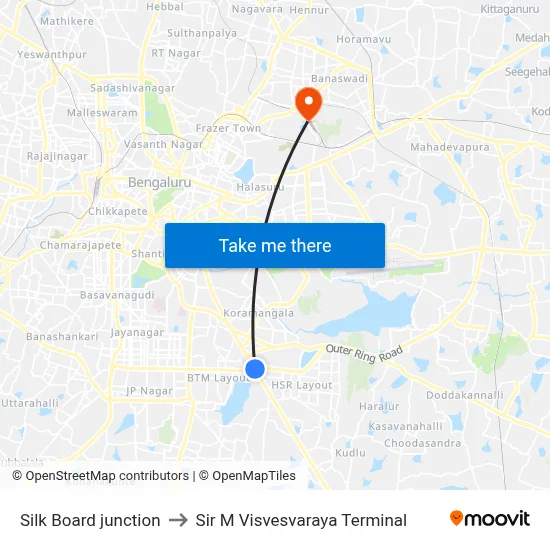 Silk Board junction to Sir M Visvesvaraya Terminal map