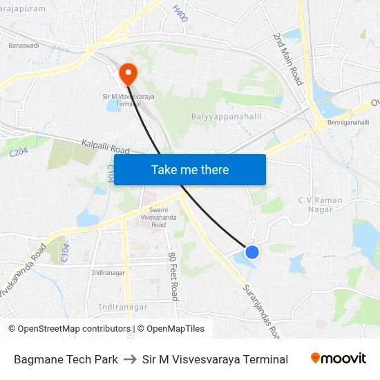 Bagmane Tech Park to Sir M Visvesvaraya Terminal map