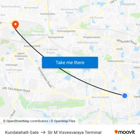 Kundalahalli Gate to Sir M Visvesvaraya Terminal map