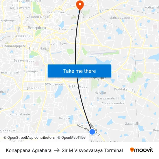 Konappana Agrahara to Sir M Visvesvaraya Terminal map