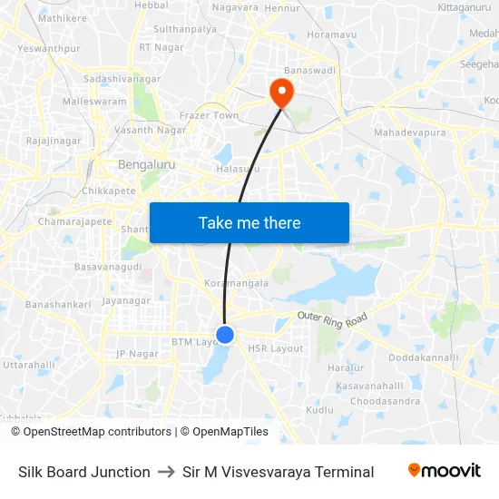 Silk Board Junction to Sir M Visvesvaraya Terminal map