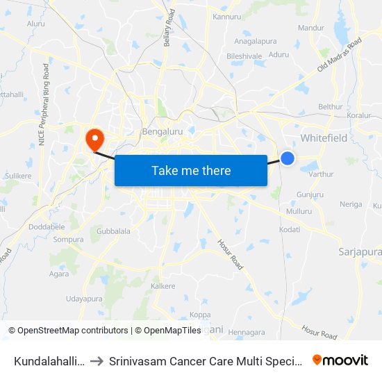 Kundalahalli Gate to Srinivasam Cancer Care Multi Speciality Hospital map