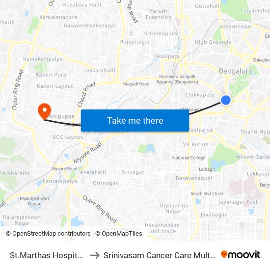 St.Marthas Hospital Corporation to Srinivasam Cancer Care Multi Speciality Hospital map