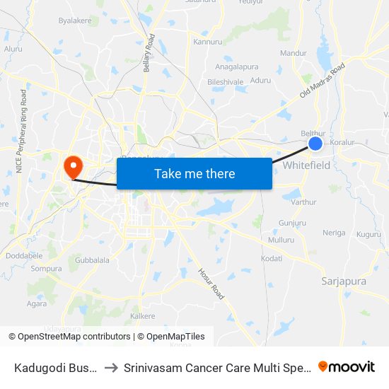 Kadugodi Bus Station to Srinivasam Cancer Care Multi Speciality Hospital map