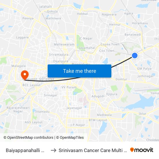 Baiyappanahalli Metro Station to Srinivasam Cancer Care Multi Speciality Hospital map