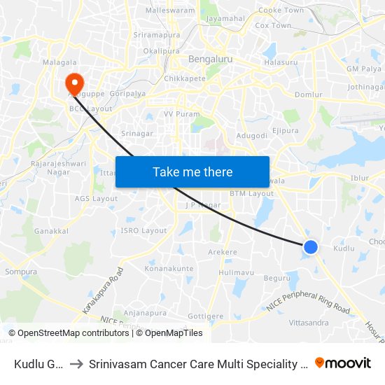 Kudlu Gate to Srinivasam Cancer Care Multi Speciality Hospital map