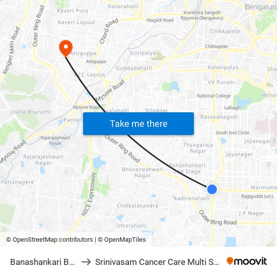 Banashankari Bus Station to Srinivasam Cancer Care Multi Speciality Hospital map