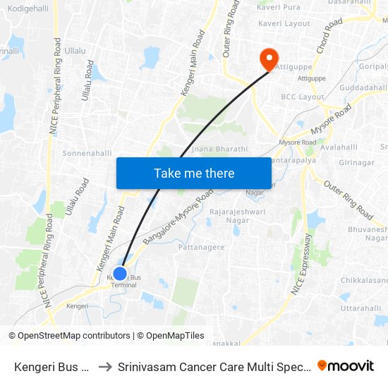 Kengeri Bus Station to Srinivasam Cancer Care Multi Speciality Hospital map