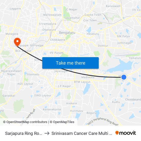 Sarjapura Ring Road Junction to Srinivasam Cancer Care Multi Speciality Hospital map