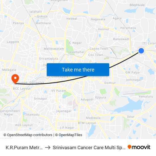 K.R.Puram Metro Station to Srinivasam Cancer Care Multi Speciality Hospital map