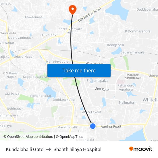 Kundalahalli Gate to Shanthinilaya Hospital map