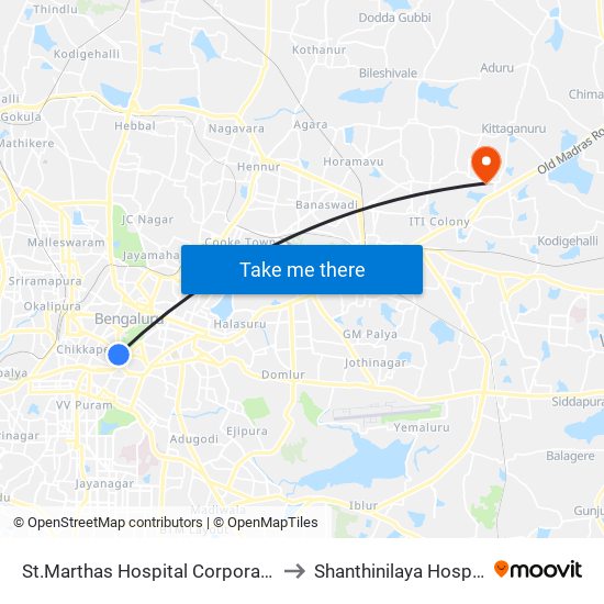 St.Marthas Hospital Corporation to Shanthinilaya Hospital map