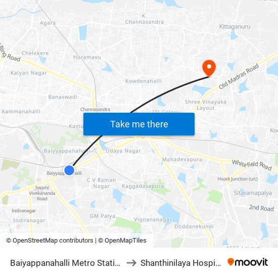 Baiyappanahalli Metro Station to Shanthinilaya Hospital map