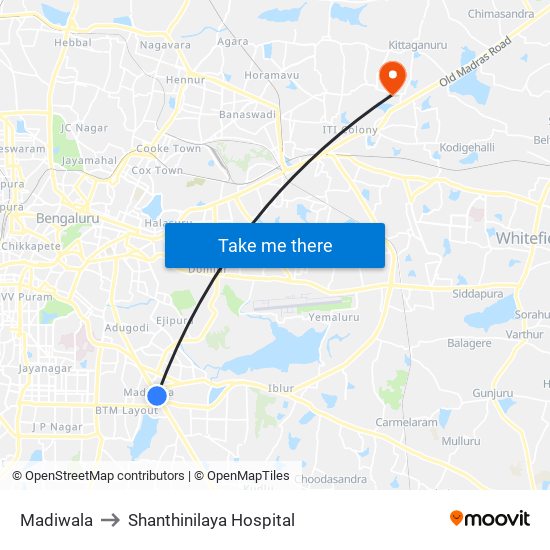 Madiwala to Shanthinilaya Hospital map