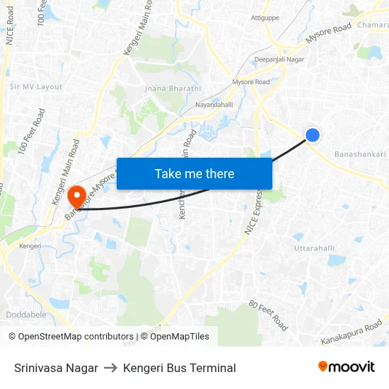 Srinivasa Nagar to Kengeri Bus Terminal map