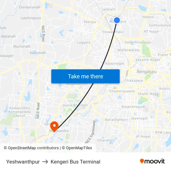 Yeshwanthpur to Kengeri Bus Terminal map