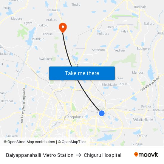 Baiyappanahalli Metro Station to Chiguru Hospital map