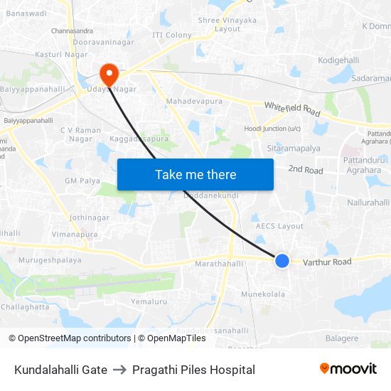 Kundalahalli Gate to Pragathi Piles Hospital map