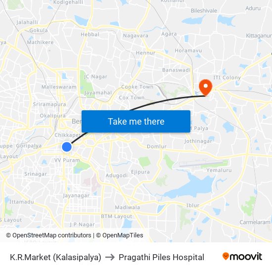 K.R.Market (Kalasipalya) to Pragathi Piles Hospital map