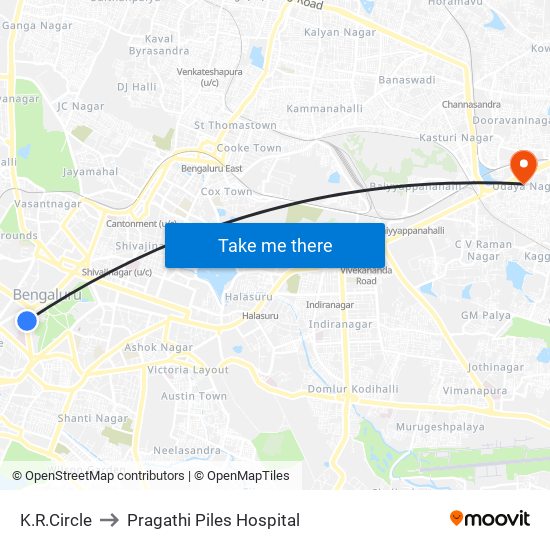 K.R.Circle to Pragathi Piles Hospital map
