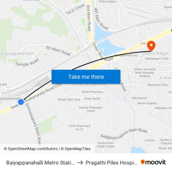 Baiyappanahalli Metro Station to Pragathi Piles Hospital map