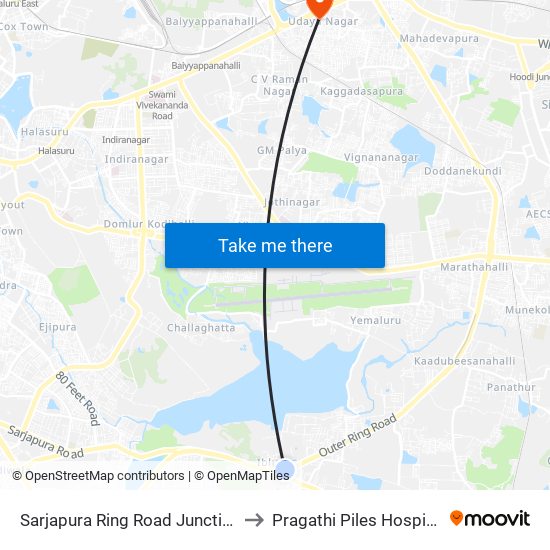 Sarjapura Ring Road Junction to Pragathi Piles Hospital map