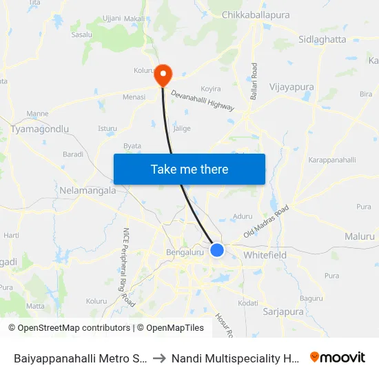 Baiyappanahalli Metro Station to Nandi Multispeciality Hospital map
