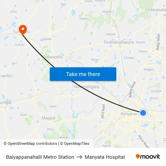 Baiyappanahalli Metro Station to Manyata Hospital map