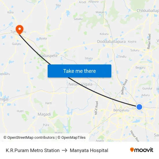 K.R.Puram Metro Station to Manyata Hospital map