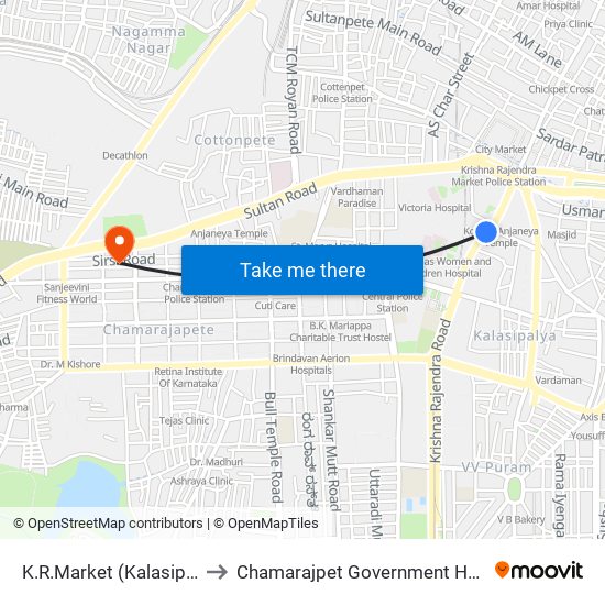 K.R.Market (Kalasipalya) to Chamarajpet Government Hospital map