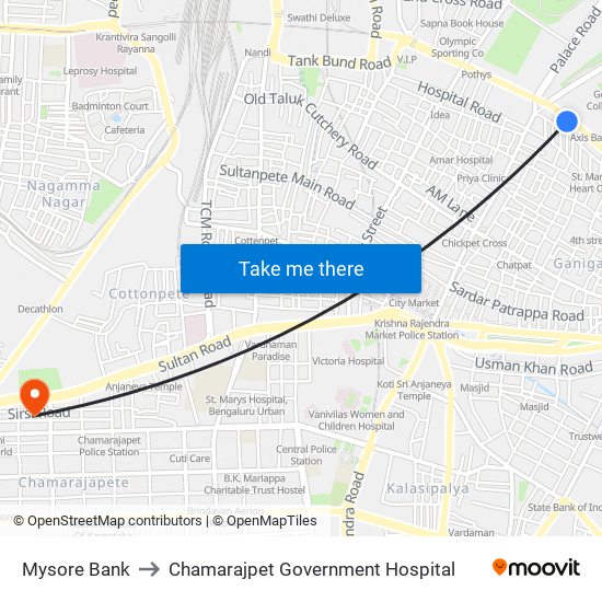 Mysore Bank to Chamarajpet Government Hospital map