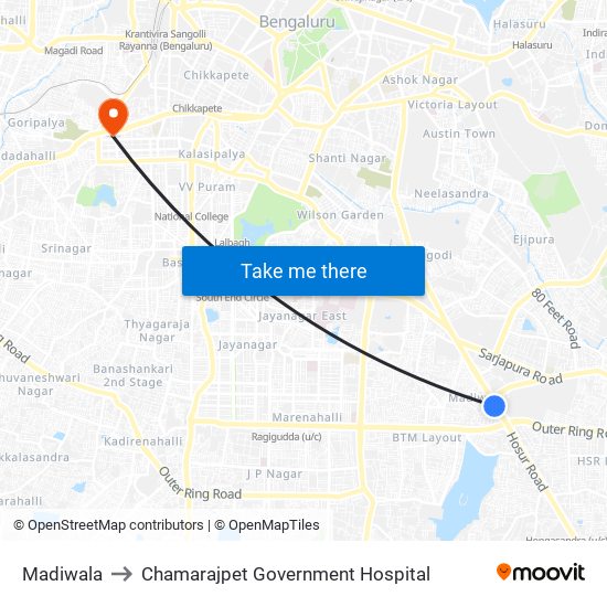 Madiwala to Chamarajpet Government Hospital map