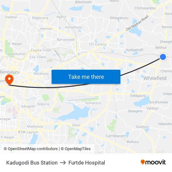 Kadugodi Bus Station to Furtde Hospital map