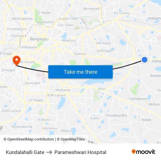 Kundalahalli Gate to Parameshwari Hospital map