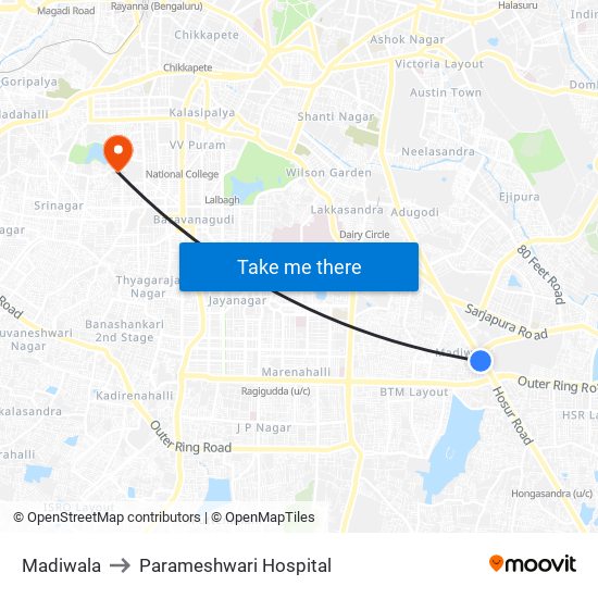 Madiwala to Parameshwari Hospital map