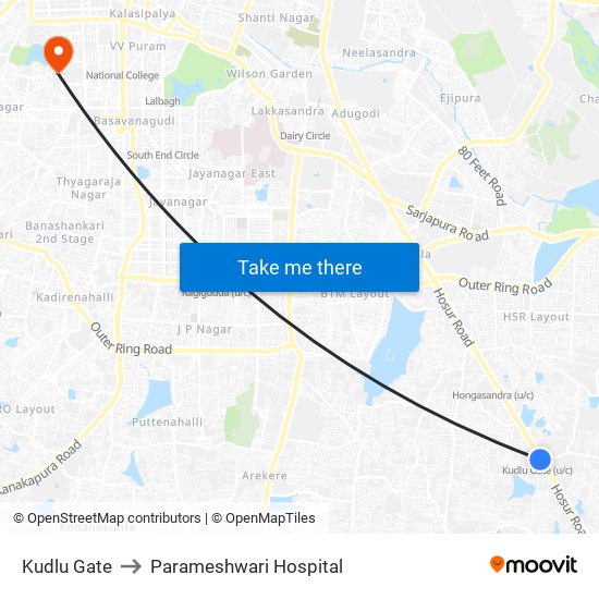 Kudlu Gate to Parameshwari Hospital map